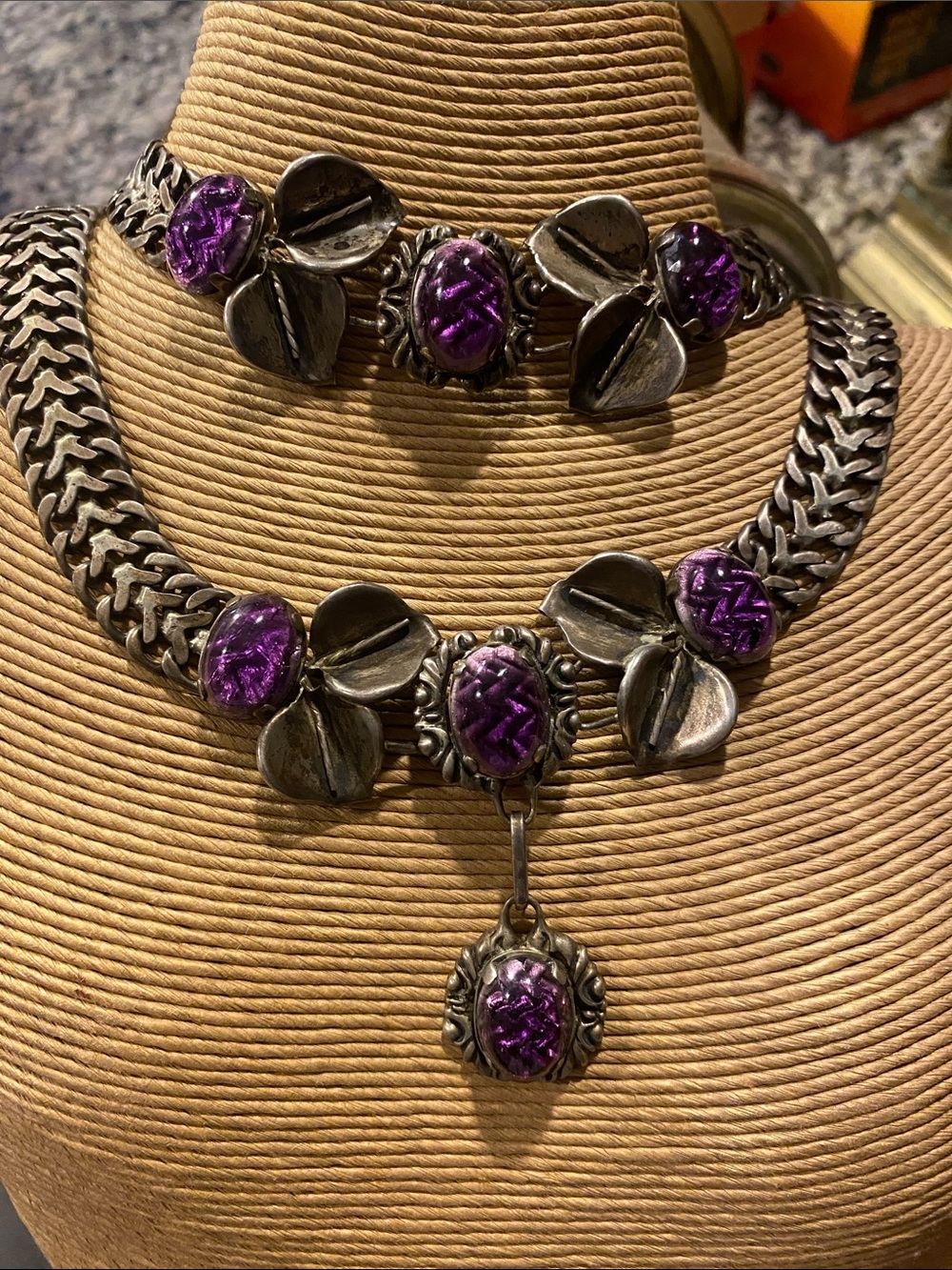 FARFAN VTG MEXICO MEXICAN STERLING SILVER ART GLASS CALLA LILY NECKLACE & BRAC